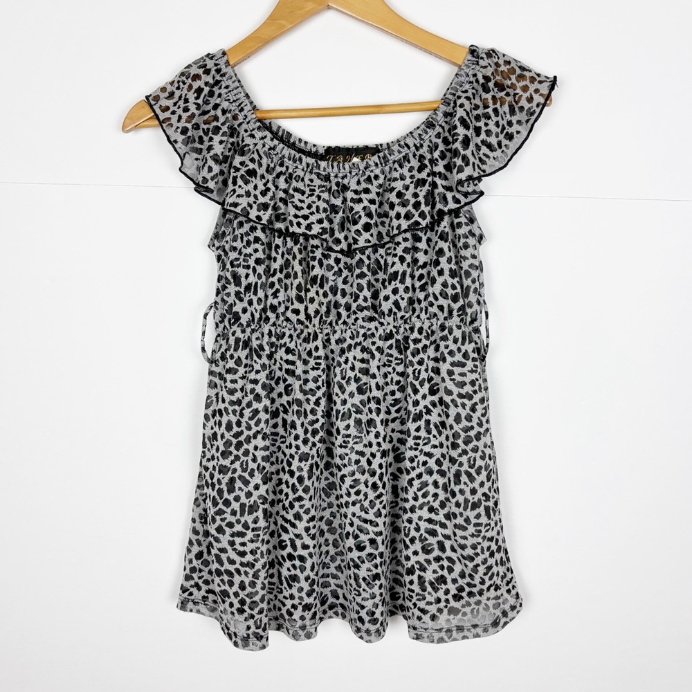 Taheri Y2K Vintage Top Size Medium Baby Doll Off the Shoulder Gray Black Printed - Picture 7 of 7